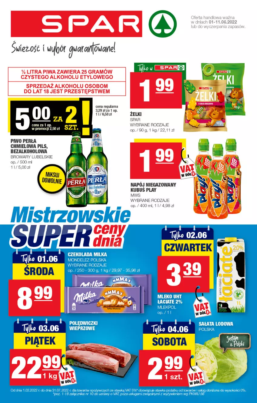 Gazetka promocyjna Spar - Spar - ważna 29.05 do 08.06.2022 - strona 1 - produkty: Czekolada, Kubuś, Milka, Mleko, Napój, Napój niegazowany, Perła, Piwo, Sok