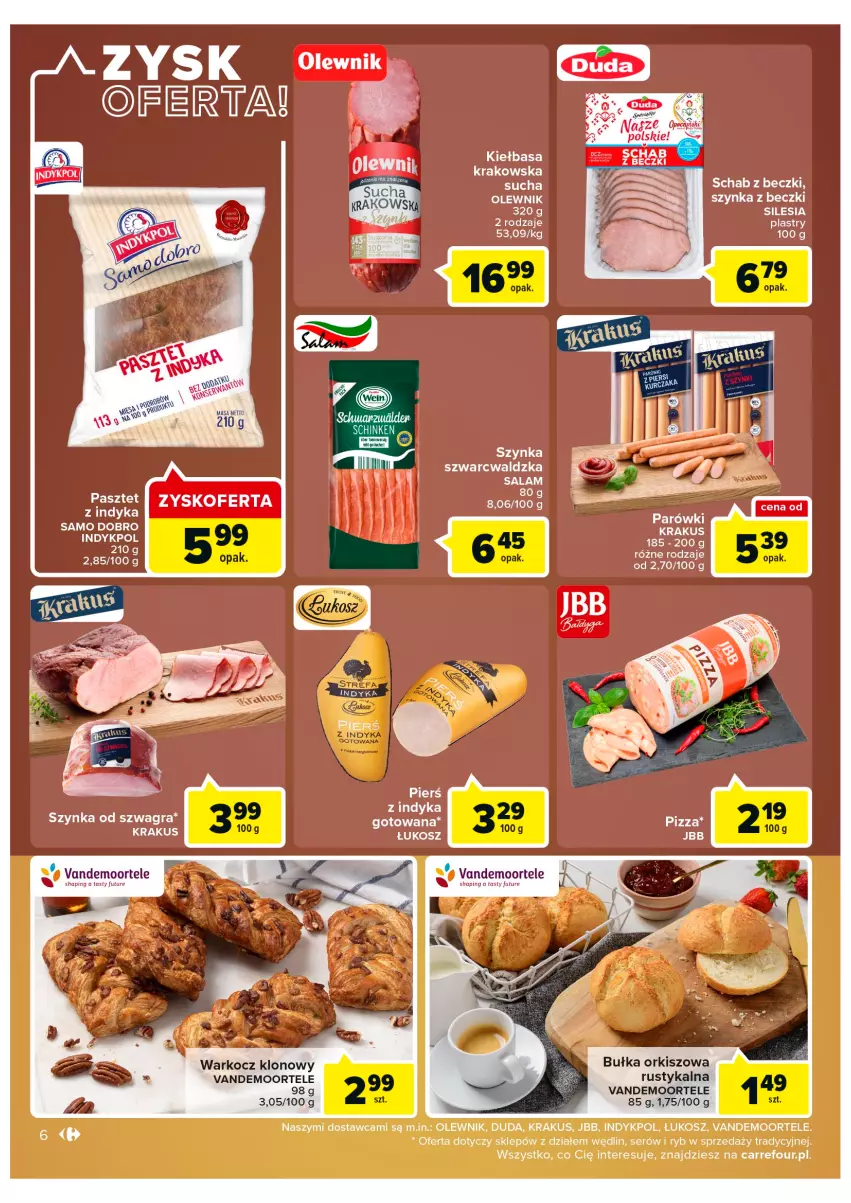 Gazetka promocyjna Carrefour - Gazetka Market Zyskoteka - ważna 04.10 do 08.10.2022 - strona 6 - produkty: Bułka, Duda, Gra, Kiełbasa, Kiełbasa krakowska, Koc, Kosz, Krakus, Olewnik, Parówki, Pasztet, Pasztet z indyka, Rust, Ser, Szynka, Szynka z beczki