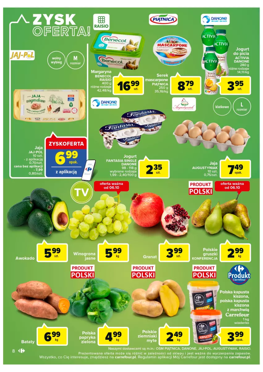 Gazetka promocyjna Carrefour - Gazetka Market Zyskoteka - ważna 04.10 do 08.10.2022 - strona 8 - produkty: Benecol, Danone, Fa, Fanta, Gra, Granat, Gruszki, Jaja, LG, Margaryna, Mascarpone, Papryka, Piątnica, Ser, Serek, Ziemniaki