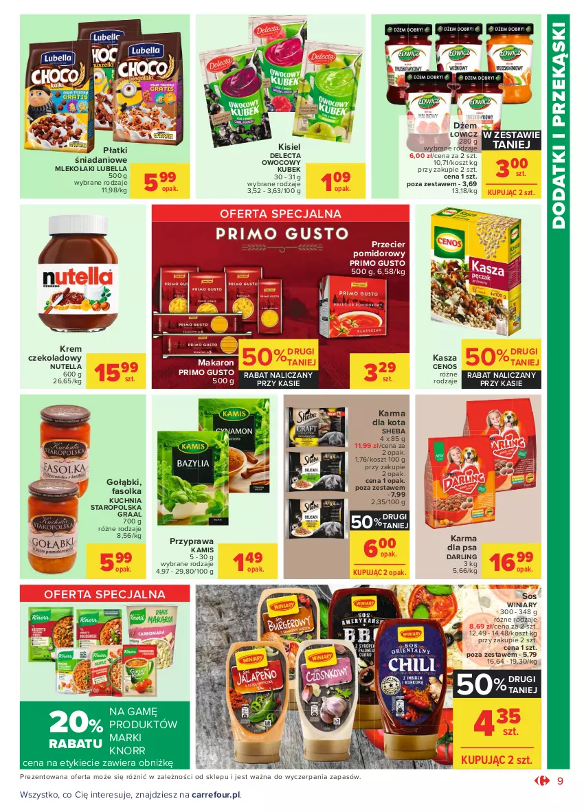 Gazetka promocyjna Carrefour - Gazetka Market - ważna 17.05 do 29.05.2021 - strona 9 - produkty: Bell, Bella, Cenos, Danio, Delecta, Dżem, Fa, Gra, Graal, Kamis, Kasza, Kisiel, Knorr, Kosz, Kubek, Kuchnia, Kuchnia Staropolska, Lubella, Makaron, Mleko, Nutella, Sheba, Sos, Winiary