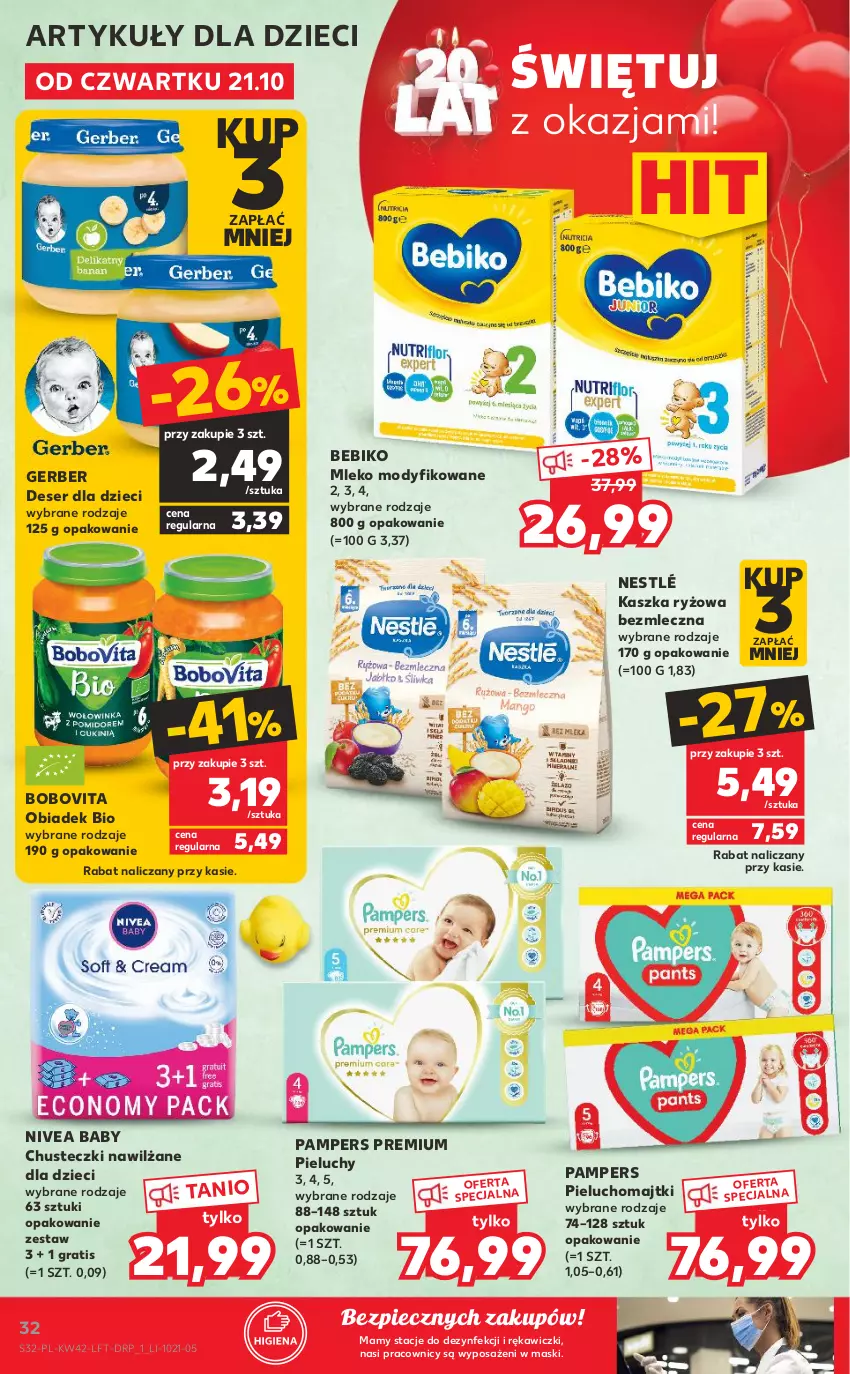 Gazetka promocyjna Kaufland - ważna 21.10 do 27.10.2021 - strona 32 - produkty: Bebiko, BoboVita, Chusteczki, Deser, Dzieci, Gerber, Gra, Majtki, Mleko, Mleko modyfikowane, Nestlé, Nivea, Nivea Baby, Pampers, Piec, Pieluchomajtki, Pieluchy, Ryż, Ser