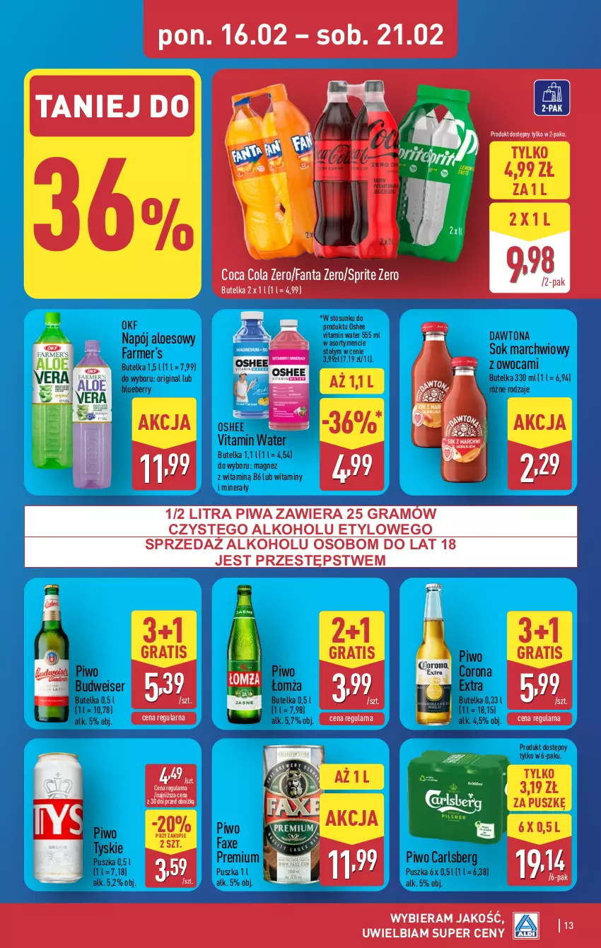 Gazetka promocyjna Aldi - Pełna oferta - ważna 16.02 do 21.02.2026 - strona 13 - produkty: Carlsberg, Corona Extra, Dawtona, Fa, Fanta, Gin, Gra, Magnez, Napój, Oshee, Piwa, Piwo, Ser, Sok, Sprite, Tyskie