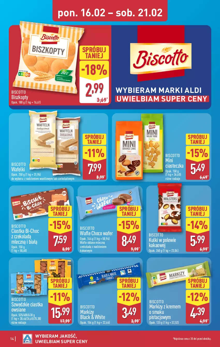 Gazetka promocyjna Aldi - Pełna oferta - ważna 16.02 do 21.02.2026 - strona 14 - produkty: Biszkopty, Ciastka, Ciastka owsiane, Kakao, Lack, Wafle
