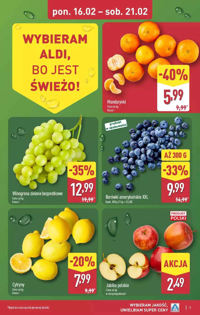 Gazetka promocyjna Aldi - Pełna oferta - ważna 16.02 do 21.02.2026 - strona 3 - produkty: Cytryny, Jabłka, Mandarynki, Paleta, Wino, Winogrona