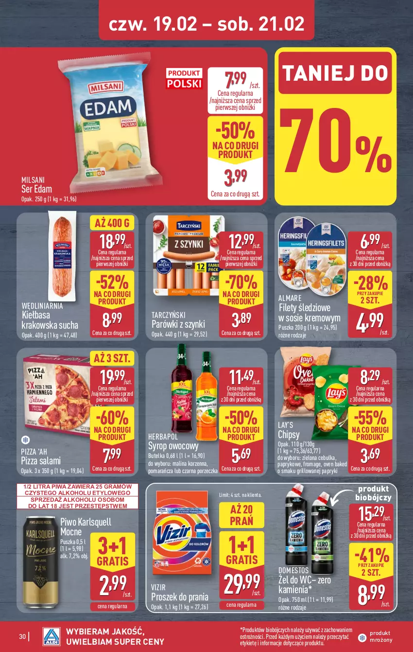 Gazetka promocyjna Aldi - Pełna oferta - ważna 16.02 do 21.02.2026 - strona 30 - produkty: Chipsy, Domestos, Edam, Gra, Grill, Herbapol, Karlsquell, Kiełbasa, Kiełbasa krakowska, Lay’s, Parówki, Parówki z szynki, Piwa, Piwo, Pizza, Por, Proszek do prania, Salami, Ser, Sos, Syrop, Tarczyński, Vizir