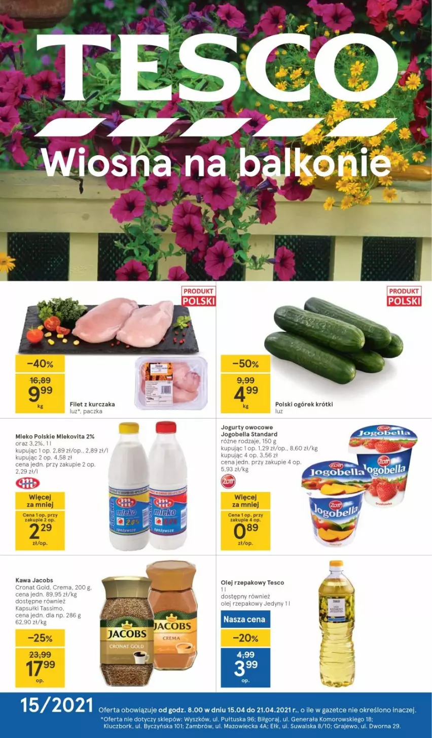 Gazetka promocyjna Tesco - Tesco gazetka - przyszły tydzień - ważna 15.04 do 21.04.2021 - strona 1 - produkty: Bell, Bella, Jacobs, Jogobella, Jogurt, Kawa, Kurczak, Mleko, Mlekovita, Ogórek, Tassimo