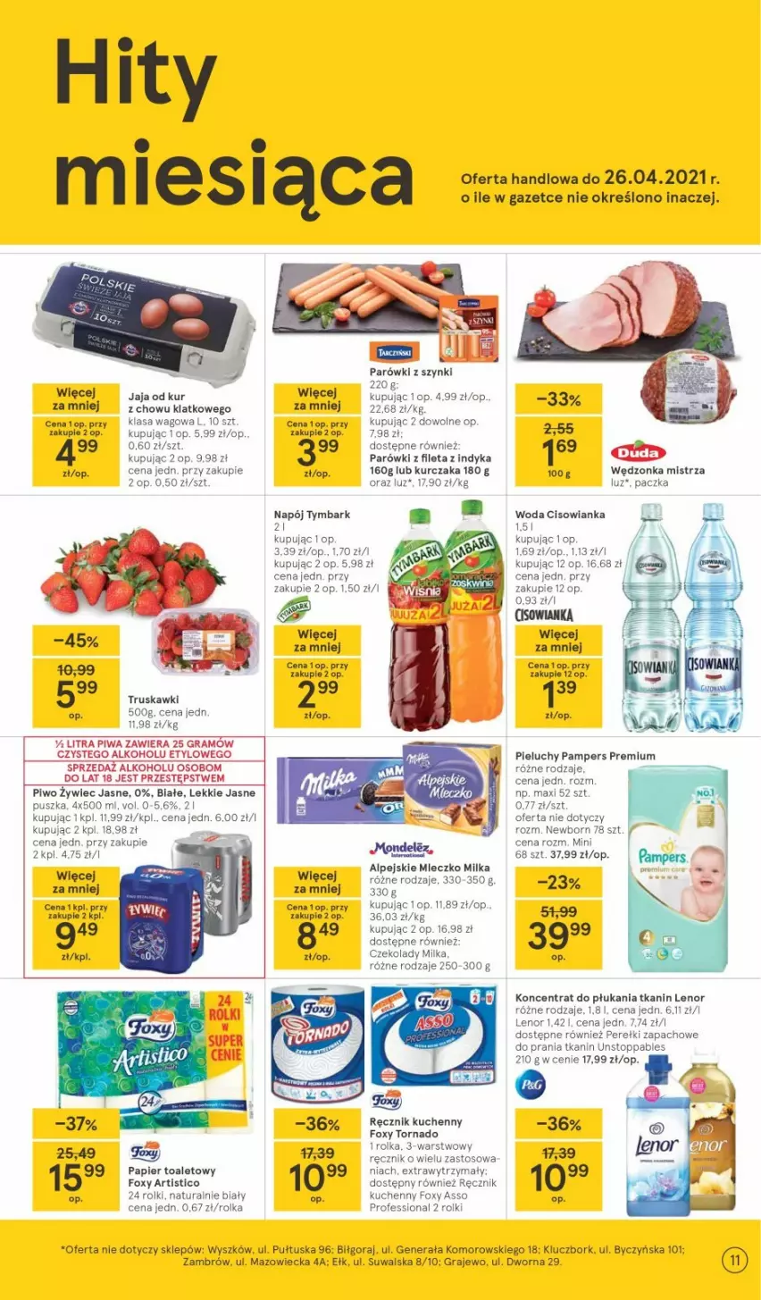 Gazetka promocyjna Tesco - Tesco gazetka - przyszły tydzień - ważna 15.04 do 21.04.2021 - strona 11 - produkty: Cisowianka, Foxy, Gra, Jaja, Kurczak, Lenor, Milka, Mleczko, Napój, Papier, Papier toaletowy, Parówki, Parówki z szynki, Perełki zapachowe, Piwa, Piwo, Ręcznik, Rolki, Stopp, Top, Truskawki, Tymbark, Woda