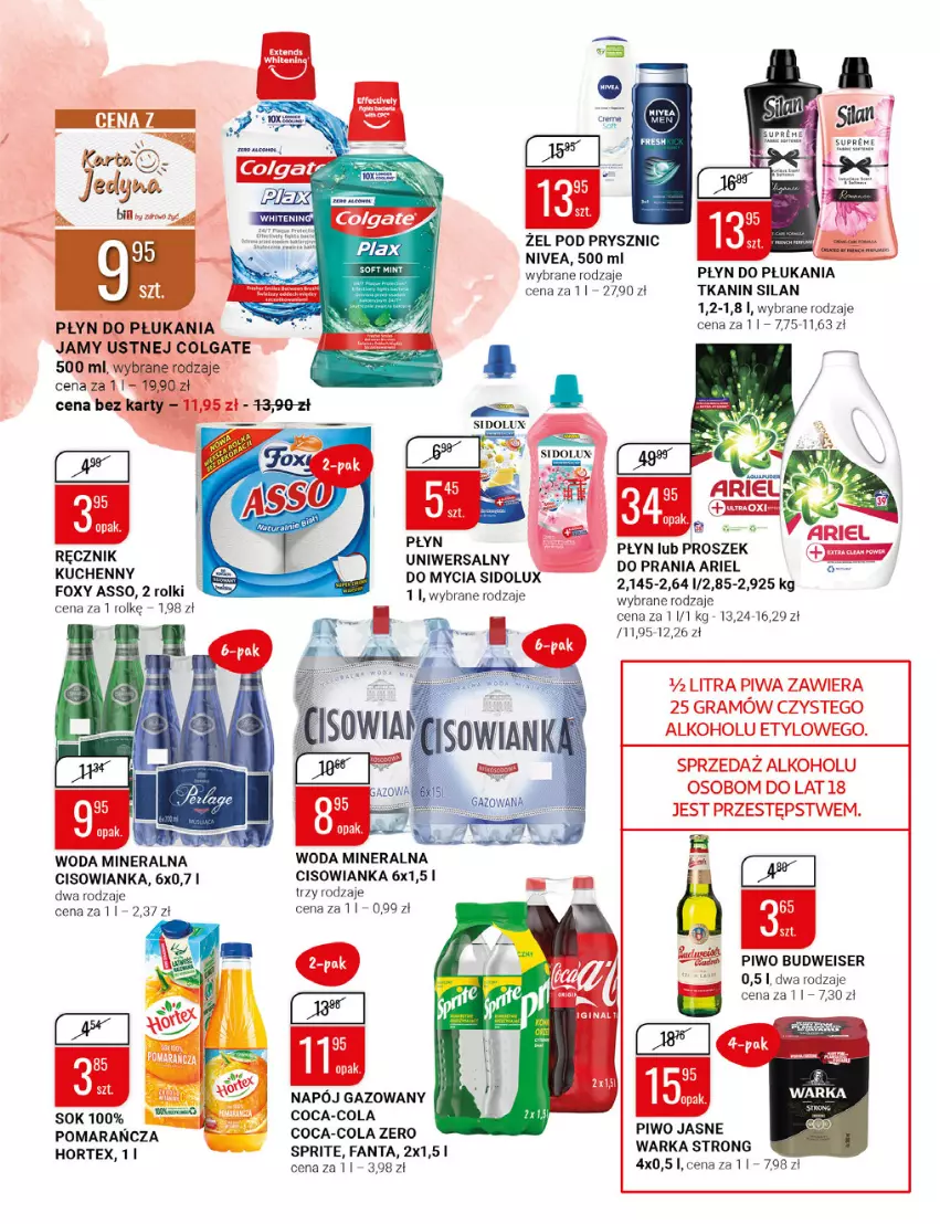 Gazetka promocyjna Bi1 - Jesienne promocje - ważna 05.10 do 18.10.2022 - strona 12 - produkty: Ariel, Cisowianka, Coca-Cola, Colgate, Fa, Fanta, Foxy, Hortex, LG, Napój, Napój gazowany, Nivea, Piwo, Piwo jasne, Płyn do płukania, Płyn do płukania jamy ustnej, Proszek do prania, Ręcznik, Rolki, Ser, Sidolux, Silan, Sok, Sprite, Warka, Woda, Woda mineralna