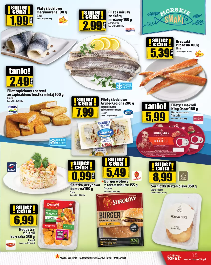 Gazetka promocyjna Topaz - Gazetka - ważna 10.10 do 16.10.2024 - strona 15 - produkty: Burger, Kurczak, Lisner, Mintaj, Pieprz, Płaty śledziowe, Sałat, Sałatka, SEKO, Ser, Sok, Sokołów, Sos, Szpinak, Top