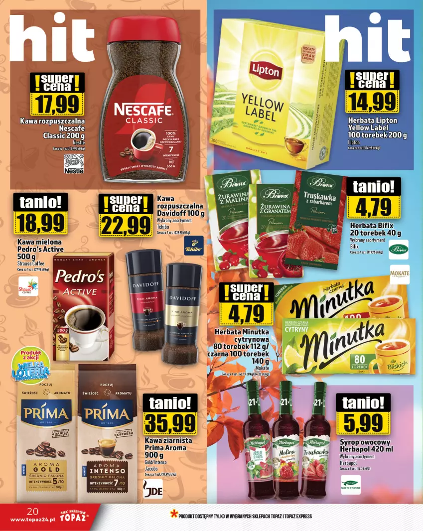 Gazetka promocyjna Topaz - Gazetka - ważna 10.10 do 16.10.2024 - strona 20 - produkty: Davidoff, Herbapol, Herbata, Jacobs, K2, Kawa, Kawa mielona, Kawa ziarnista, LG, Lipton, Prima, Syrop, Tchibo, Top