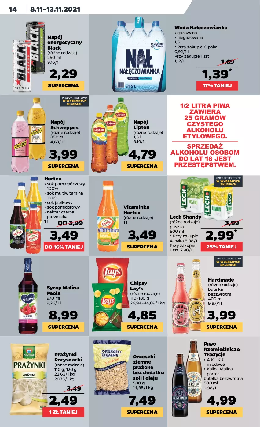 Gazetka promocyjna Netto - Gazetka spożywcza - ważna 08.11 do 13.11.2021 - strona 14 - produkty: Chipsy, Gra, Hortex, Inka, Lack, Lay’s, Lipton, Nałęczowianka, Napój, Napój energetyczny, Nektar, Olej, Orzeszki, Orzeszki ziemne, Paola, Piwa, Piwo, Por, Przysnacki, Schweppes, Sok, Sok jabłkowy, Sok pomarańczowy, Sok pomidorowy, Syrop, Woda