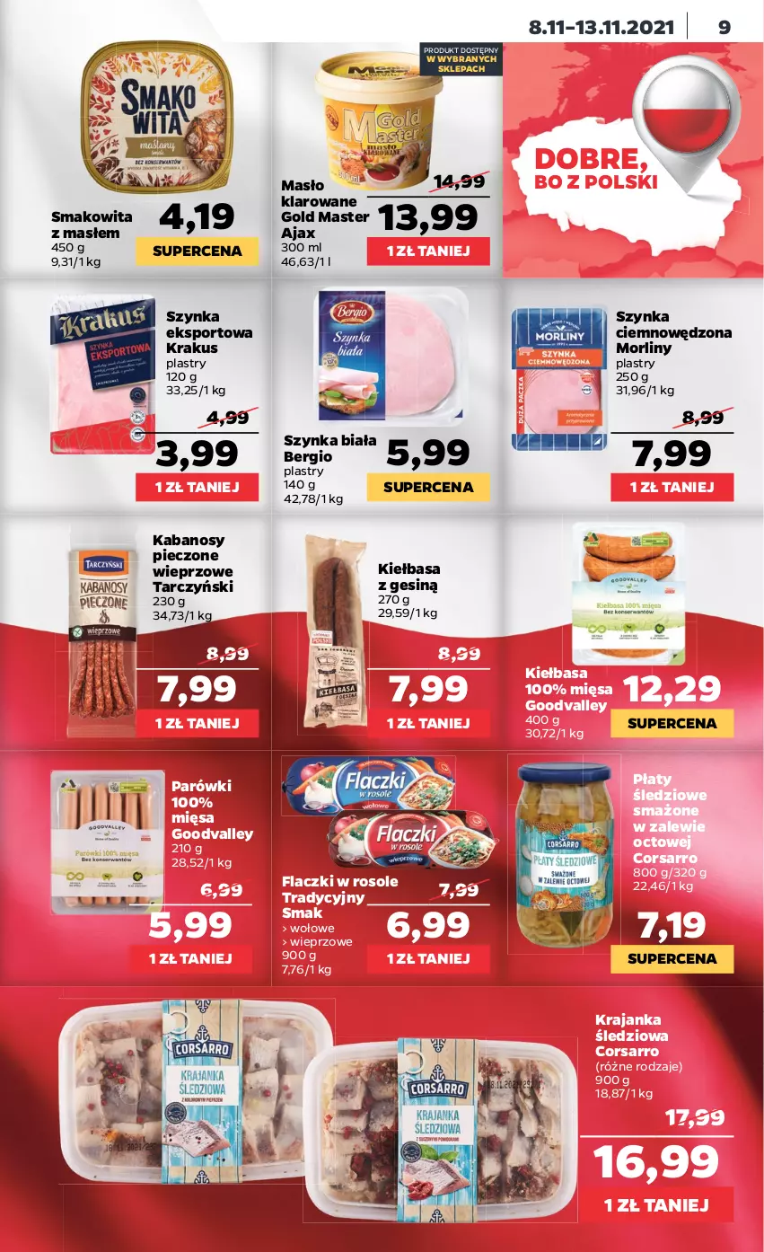 Gazetka promocyjna Netto - Gazetka spożywcza - ważna 08.11 do 13.11.2021 - strona 9 - produkty: Ajax, Kabanos, Kiełbasa, Krajanka śledziowa, Krakus, Masło, Masło klarowane, Morliny, Parówki, Piec, Płaty śledziowe, Por, Smakowita, Sport, Szynka, Szynka biała, Tarczyński