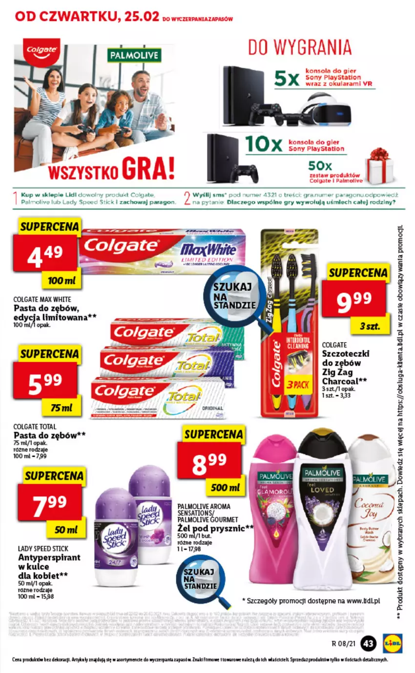 Gazetka promocyjna Lidl - GAZETKA - ważna 25.02 do 27.02.2021 - strona 43 - produkty: Antyperspirant, Colgate, Colgate Total, Fa, Gra, Gry, Konsola, Lady Speed Stick, LG, Palmolive, Pasta do zębów, PlayStation, Sati