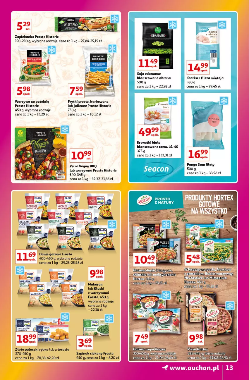 Gazetka promocyjna Auchan - Gazetka Znane Marki Lubiane Hipermarket Auchan - ważna 01.06 do 07.06.2023 - strona 13 - produkty: Danie gotowe, Edam, Frosta, Frytki, Krewetki, Makaron, Mintaj, Paluszki rybne, Panga, Pizza, Sos, Szpinak, Warzywa, Zapiekanka