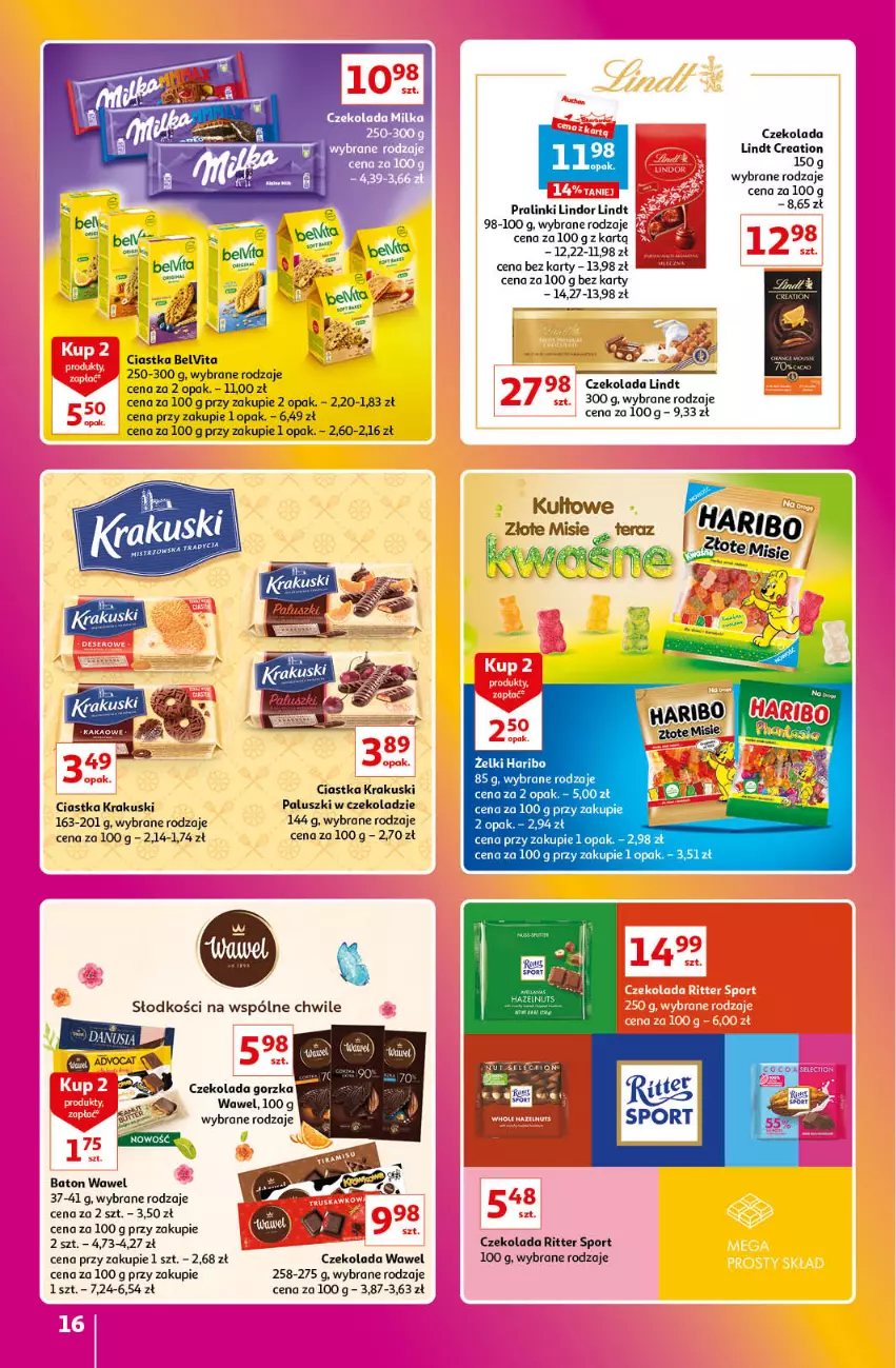 Gazetka promocyjna Auchan - Gazetka Znane Marki Lubiane Hipermarket Auchan - ważna 01.06 do 07.06.2023 - strona 16 - produkty: Baton, BelVita, Ciastka, Czekolada, Czekolada gorzka, Haribo, Krakus, Krakuski, Lindor, Lindt, Por, Ritter Sport, Sport, Wawel