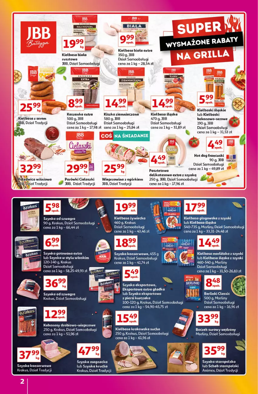 Gazetka promocyjna Auchan - Gazetka Znane Marki Lubiane Hipermarket Auchan - ważna 01.06 do 07.06.2023 - strona 2 - produkty: Beko, Berlinki, Boczek, Fa, Gra, Hot dog, Kasza, Kaszanka, Kiełbasa, Kiełbasa biała, Kiełbasa głogowska, Kiełbasa krakowska, Kiełbasa śląska, Kiełbaski śląskie, Krakus, Kurczak, Morliny, Parówki, Pasztet, Por, Ser, Sport, Szynka, Szynka konserwowa, Wieprzowina