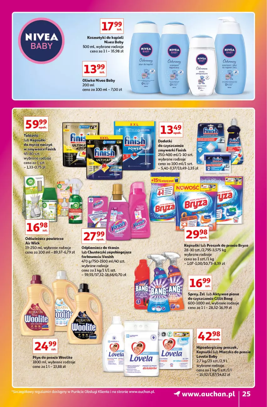 Gazetka promocyjna Auchan - Gazetka Znane Marki Lubiane Hipermarket Auchan - ważna 01.06 do 07.06.2023 - strona 25 - produkty: Air Wick, Bryza, Chusteczki, Cillit Bang, Do mycia naczyń, Fa, Finish, Hipoalergiczny proszek, Lovela, Mleczko, Nivea, Nivea Baby, Odplamiacz, Odświeżacz powietrza, Płyn do prania, Vanish, Woolite, Zmywarki