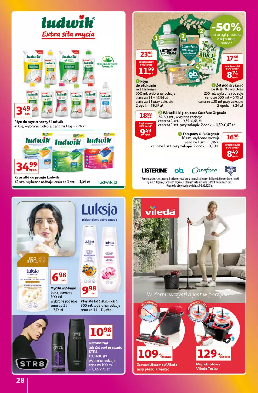 Gazetka promocyjna Auchan - Gazetka Znane Marki Lubiane Hipermarket Auchan - ważna 01.06 do 07.06.2023 - strona 28 - produkty: Carefree, Dezodorant, Do mycia naczyń, Kapsułki do prania, Listerine, Ludwik, Luksja, Mars, Mydło, O.B., Płyn do kąpieli, Płyn do mycia, Płyn do mycia naczyń, Płyn do płukania, Rama, Str8, Tampony, Wkładki