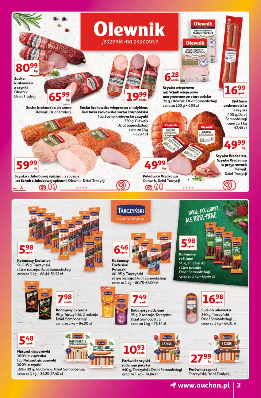 Gazetka promocyjna Auchan - Gazetka Znane Marki Lubiane Hipermarket Auchan - ważna 01.06 do 07.06.2023 - strona 3 - produkty: Kabanos, Kiełbasa, Kiełbasa krakowska, Kurczak, Olewnik, Parówki, Parówki z szynki, Piec, Polędwica, Schab wieprzowy, Szynka, Szynka wieprzowa, Tarczyński