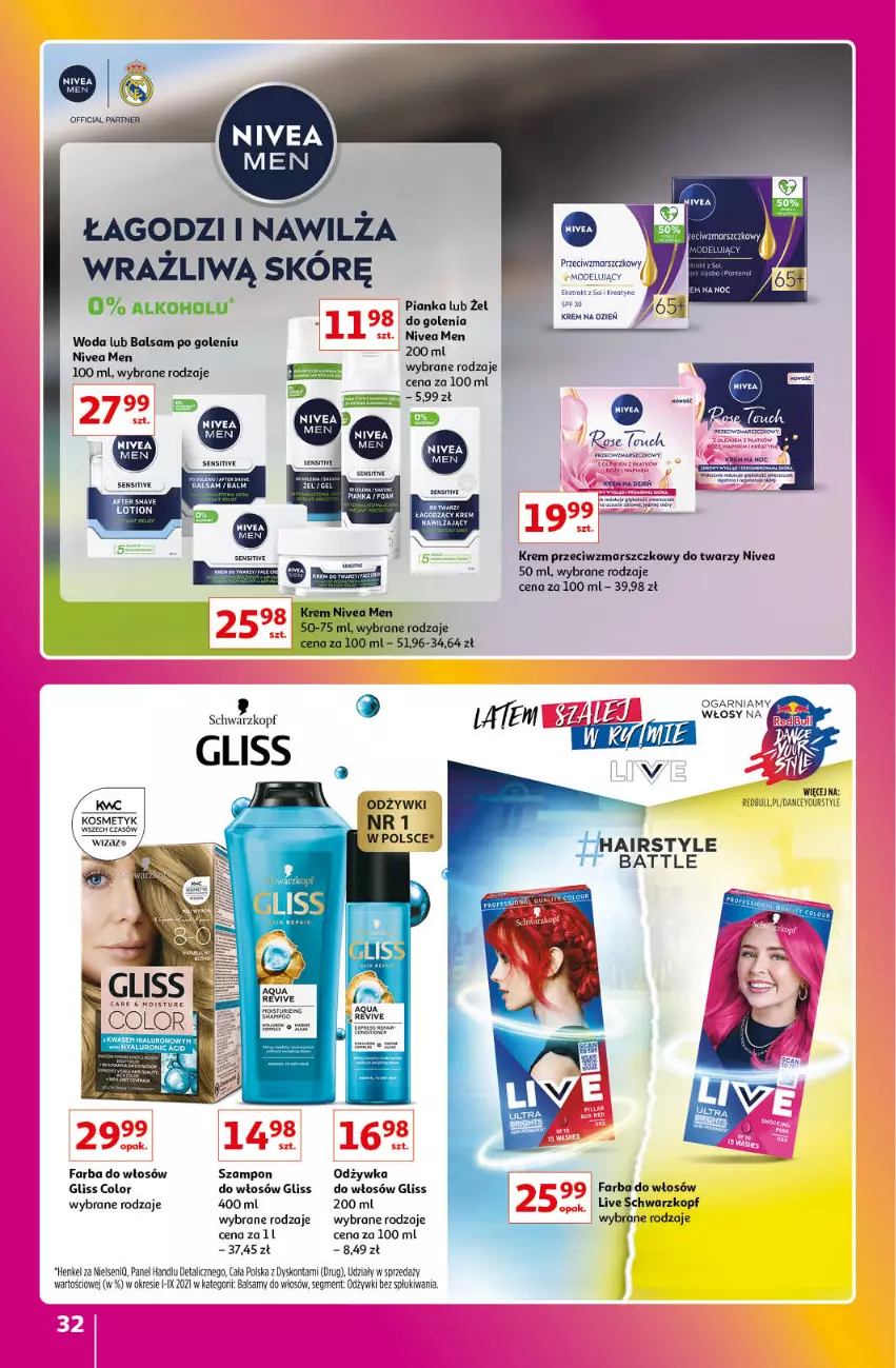 Gazetka promocyjna Auchan - Gazetka Znane Marki Lubiane Hipermarket Auchan - ważna 01.06 do 07.06.2023 - strona 32 - produkty: Balsam po goleniu, Fa, Farba do włosów, Krem na dzień, Krem przeciwzmarszczkowy, Mars, Nivea, Nivea Men, Odżywka, Schwarzkopf, Szal, Szampon, Woda