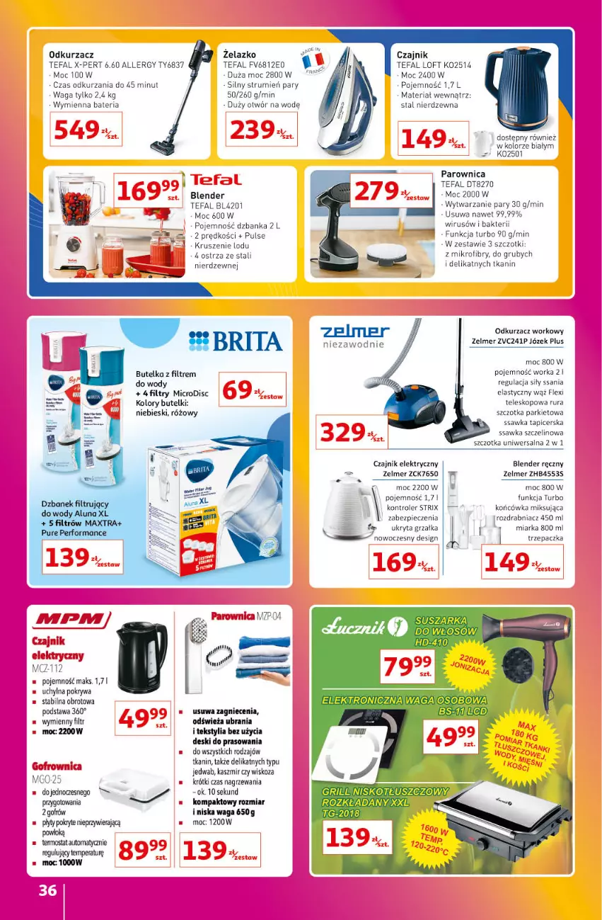 Gazetka promocyjna Auchan - Gazetka Znane Marki Lubiane Hipermarket Auchan - ważna 01.06 do 07.06.2023 - strona 36 - produkty: Bateria, Blender, Blender ręczny, Czajnik, Czajnik elektryczny, Fa, Grzałka, Kontroler, Miarka, Odkurzacz, Orka, Parownica, Piec, Pokrywa, Rozdrabniacz, Rum, Rura, Suszarka, Szczotka, Tefal, Teleskop, Termos, Trzepaczka, Ubrania, Waga, Zelmer