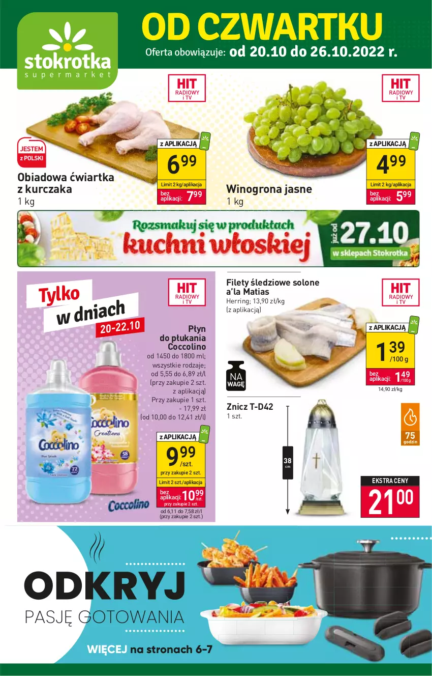 Gazetka promocyjna Stokrotka - Supermarket - ważna 20.10 do 26.10.2022 - strona 1 - produkty: Coccolino, Kurczak, Płyn do płukania, Wino, Winogrona, Znicz