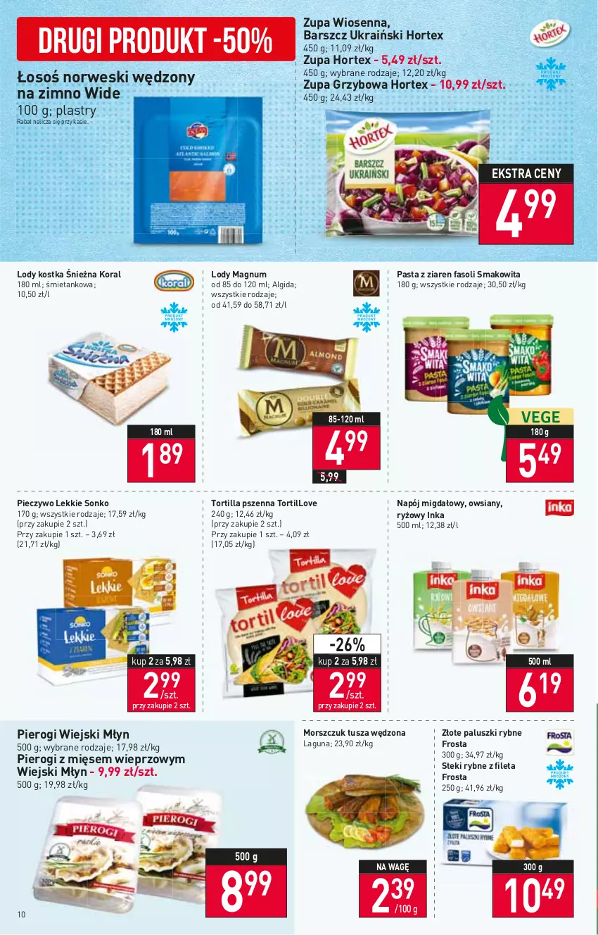 Gazetka promocyjna Stokrotka - Supermarket - ważna 20.10 do 26.10.2022 - strona 10 - produkty: Algida, Fa, Frosta, Hortex, Inka, LG, Lody, Napój, Paluszki rybne, Piec, Pieczywo, Pierogi, Ryż, Smakowita, Sonko, Stek, Tortilla, Tusz, Zupa