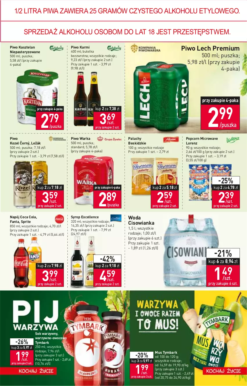 Gazetka promocyjna Stokrotka - Supermarket - ważna 20.10 do 26.10.2022 - strona 11 - produkty: Beskidzki, Cisowianka, Fa, Fanta, Gra, Karmi, Kasztelan, Kozel, Lech Premium, Lorenz, Mus, Napój, Piwa, Piwo, Popcorn, Sok, Sprite, Syrop, Tymbark, Warka, Woda