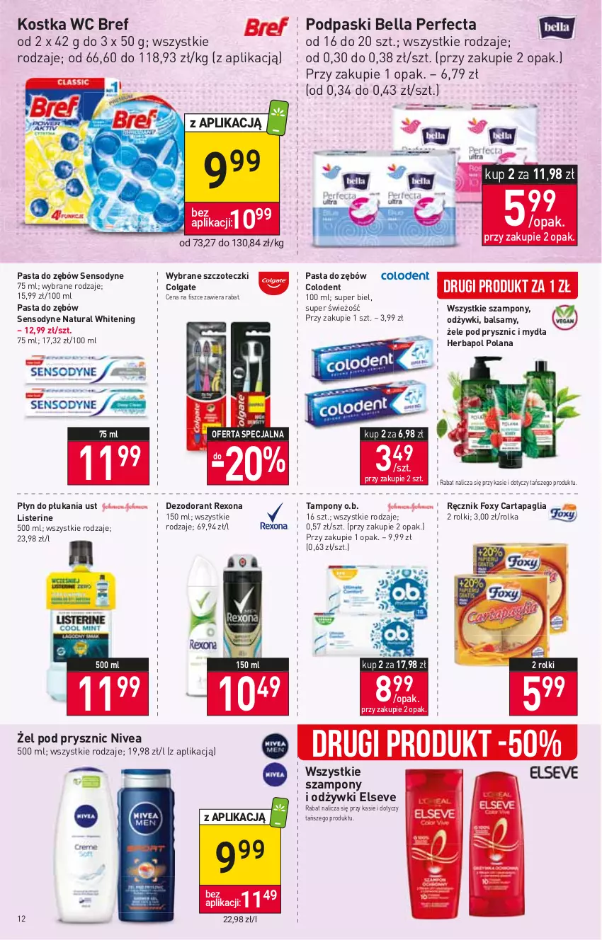 Gazetka promocyjna Stokrotka - Supermarket - ważna 20.10 do 26.10.2022 - strona 12 - produkty: Bell, Bella, Bref, Colgate, Dezodorant, Elseve, Foxy, Herbapol, LANA, LG, Listerine, Nivea, O.B., Pasta do zębów, Perfecta, Płyn do płukania, Podpaski, Ręcznik, Rexona, Rolki, Sensodyne, Szampon, Tampony