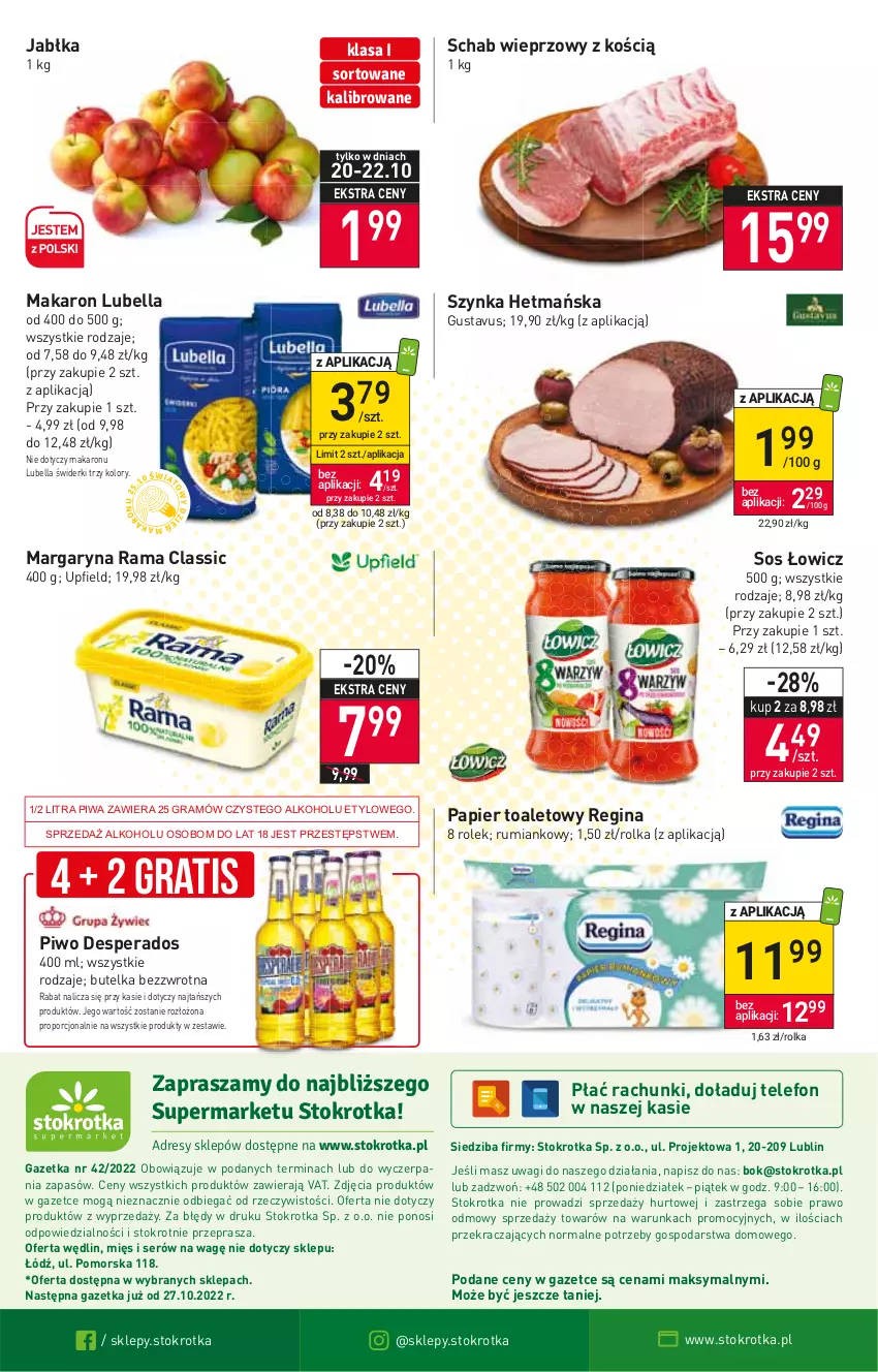 Gazetka promocyjna Stokrotka - Supermarket - ważna 20.10 do 26.10.2022 - strona 16 - produkty: Bell, Bella, Desperados, Gin, Gra, Jabłka, Lubella, Makaron, Margaryna, O nas, Papier, Papier toaletowy, Piwa, Piwo, Por, Rama, Rum, Schab wieprzowy, Ser, Sos, Szynka, Telefon, Wagi