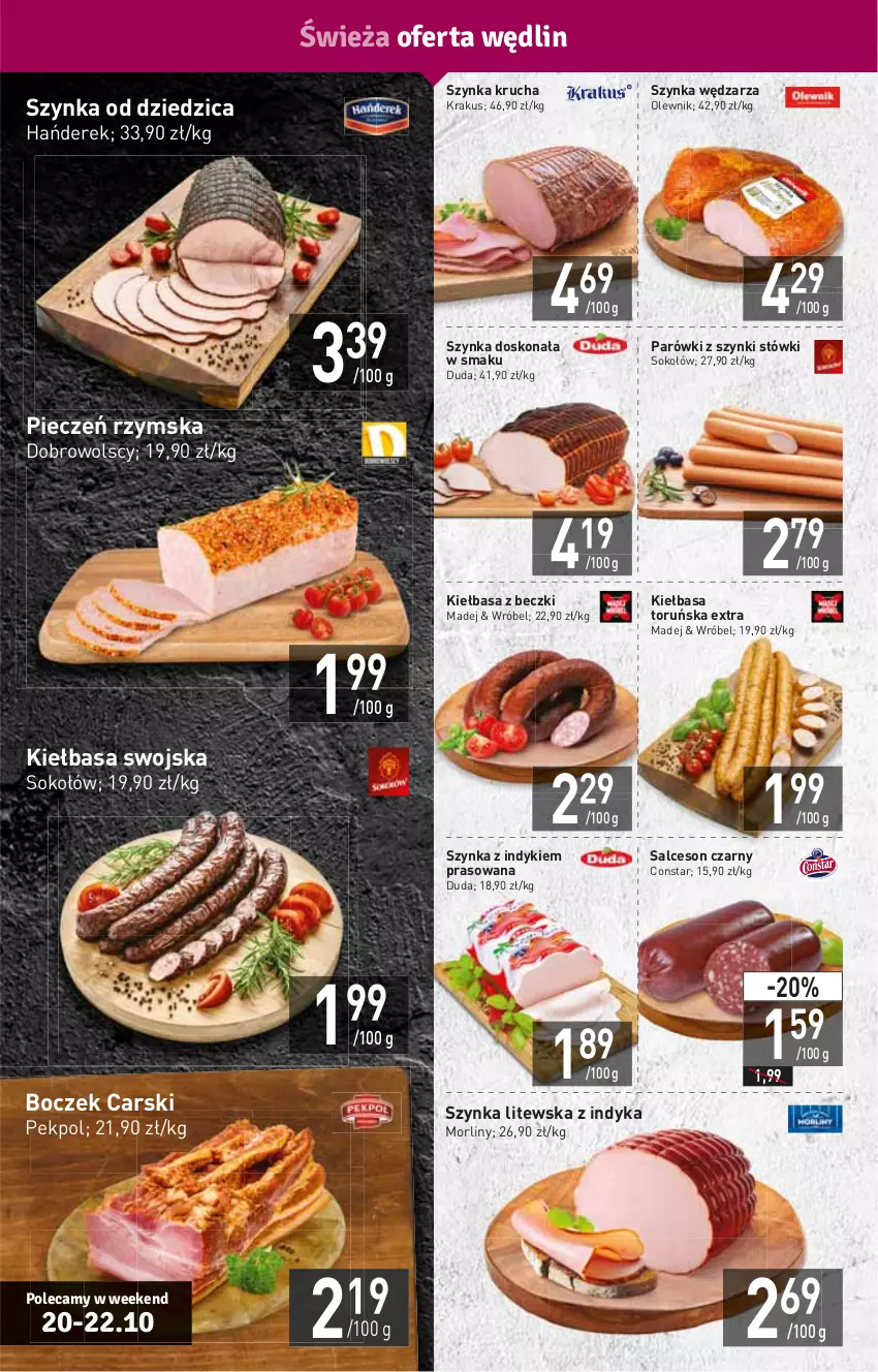 Gazetka promocyjna Stokrotka - Supermarket - ważna 20.10 do 26.10.2022 - strona 4 - produkty: Boczek, Cars, Duda, HP, Kiełbasa, Krakus, Morliny, Olewnik, Parówki, Parówki z szynki, Pekpol, Piec, Pieczeń rzymska, Salceson, Sok, Sokołów, Szynka