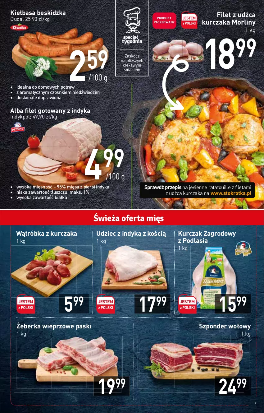 Gazetka promocyjna Stokrotka - Supermarket - ważna 20.10 do 26.10.2022 - strona 5 - produkty: Duda, Kiełbasa, Kurczak, Morliny, Sok, Szponder wołowy, Udziec z indyka