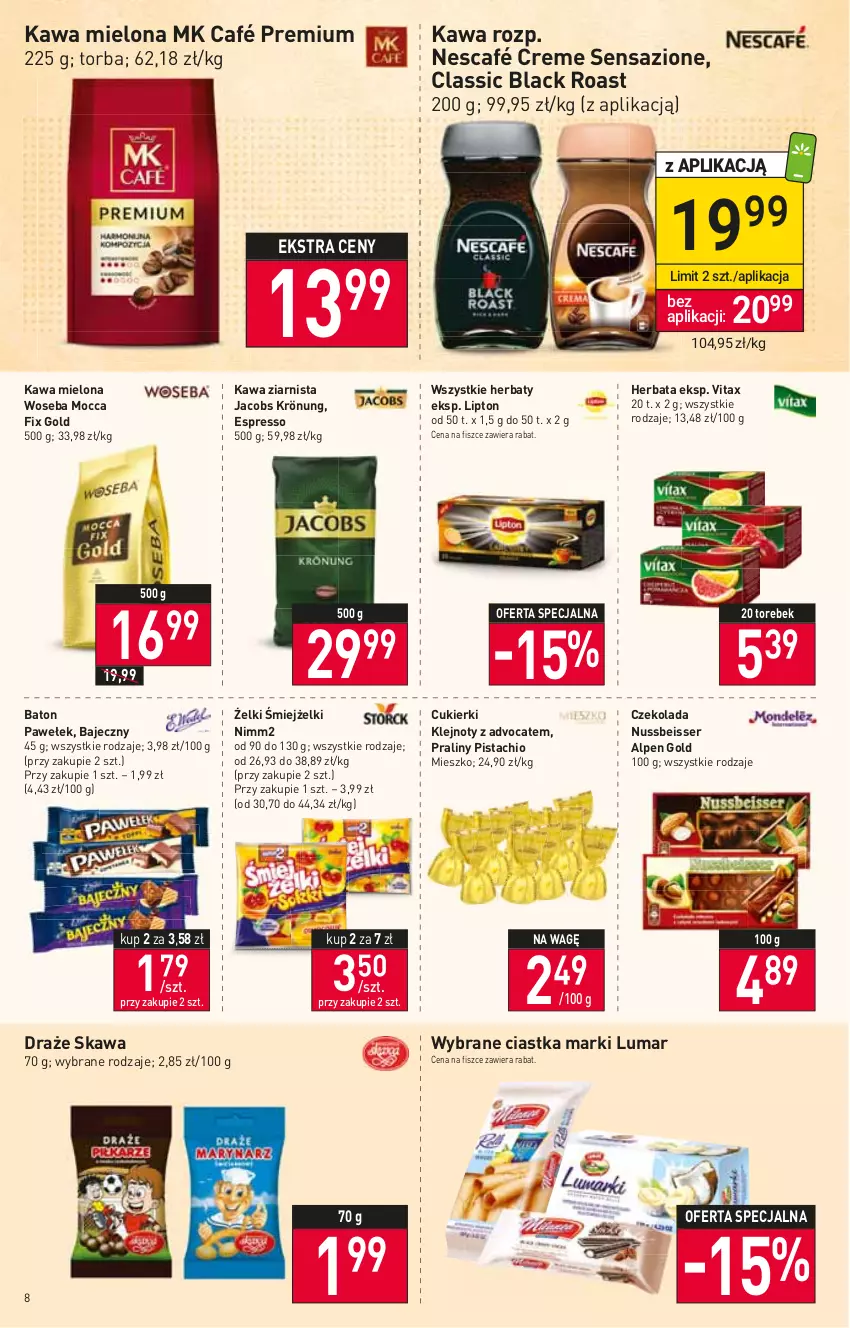 Gazetka promocyjna Stokrotka - Supermarket - ważna 20.10 do 26.10.2022 - strona 8 - produkty: Baton, Ciastka, Cukier, Cukierki, Czekolada, Herbata, Jacobs, Jacobs Krönung, Kawa, Kawa mielona, Kawa ziarnista, Klej, Lack, Lipton, Mocca Fix Gold, Nescafé, Nimm2, Praliny, Ser, Torba, Vitax, Woseba