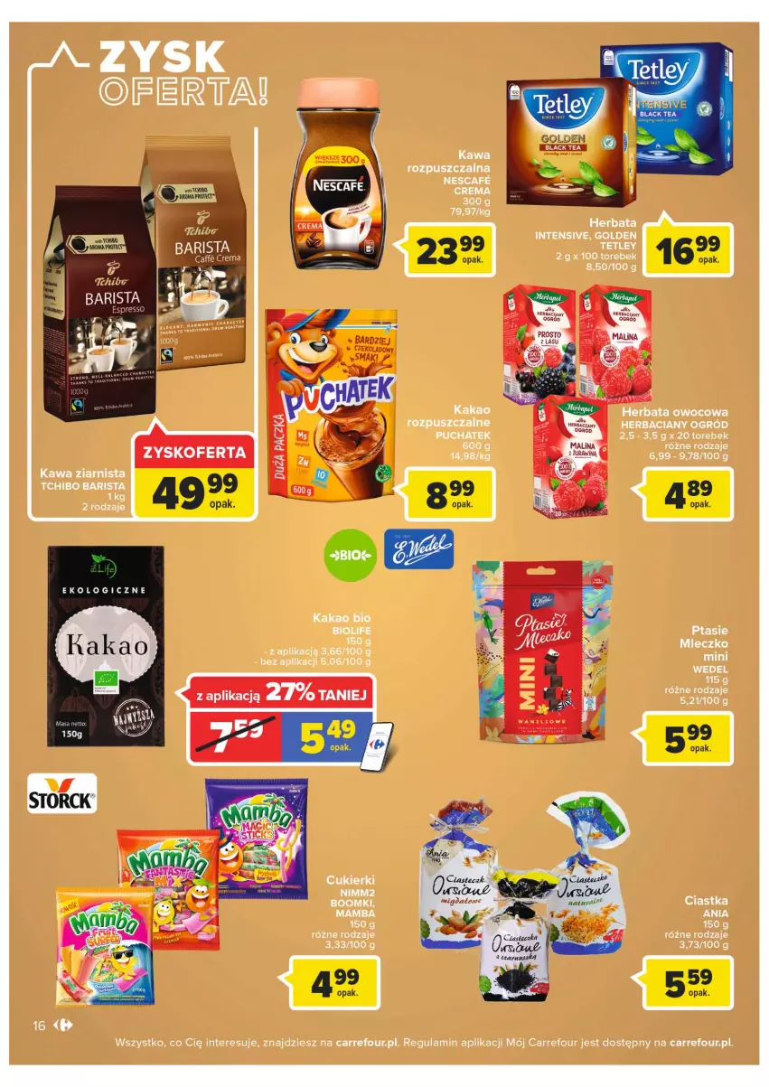 Gazetka promocyjna Carrefour - Gazetka Carrefour Targ świeżości - ważna 18.01 do 24.01.2022 - strona 16 - produkty: Ciastka, Cukier, Cukierki, Herbata, Herbata owocowa, Kakao, Kawa, Kawa rozpuszczalna, Kawa ziarnista, LG, Mleczko, Nimm2, Ogród, Tchibo, Tchibo Barista