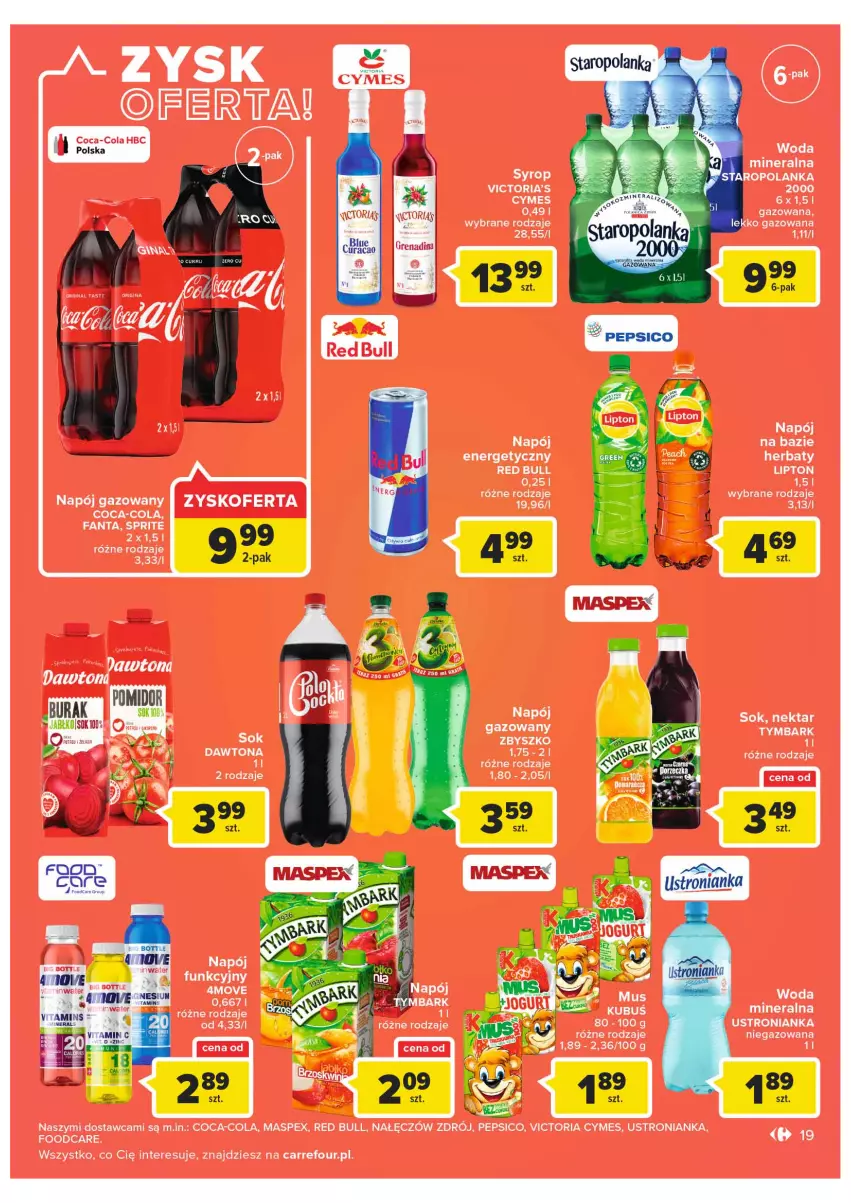 Gazetka promocyjna Carrefour - Gazetka Carrefour Targ świeżości - ważna 18.01 do 24.01.2022 - strona 19 - produkty: Coca-Cola, Dawtona, Fa, Fanta, Lipton, Napój, Napój energetyczny, Napój gazowany, Nektar, Pepsi, Red Bull, Sok, Sprite, Syrop, Tymbark, Woda, Woda mineralna