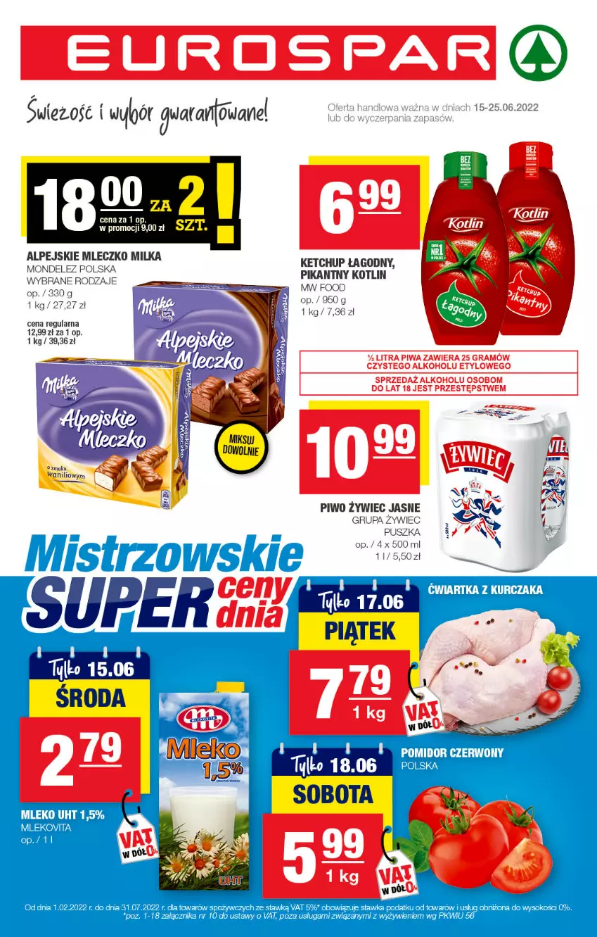 Gazetka promocyjna Spar - EuroSpar - ważna 12.06 do 22.06.2022 - strona 1 - produkty: Kotlin, Kurczak, Mleko, Mlekovita, Piwo, Sok, Top