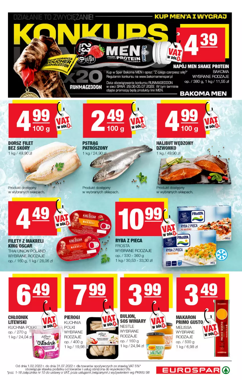 Gazetka promocyjna Spar - EuroSpar - ważna 12.06 do 22.06.2022 - strona 5 - produkty: Bakoma, Bulion, Dorsz, Frosta, Gra, Halibut, Kuchnia, Lion, Makaron, Piec, Pierogi, Pstrąg, Ryba, Sok, Sos, Winiary