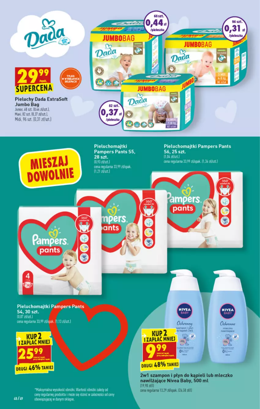 Gazetka promocyjna Biedronka - W tym tygodniu - ważna 27.12 do 31.12.2021 - strona 48 - produkty: Dada, Majtki, Mleczko, Nivea, Nivea Baby, O Bag, Pampers, Pieluchomajtki, Pieluchy, Płyn do kąpieli, Szampon