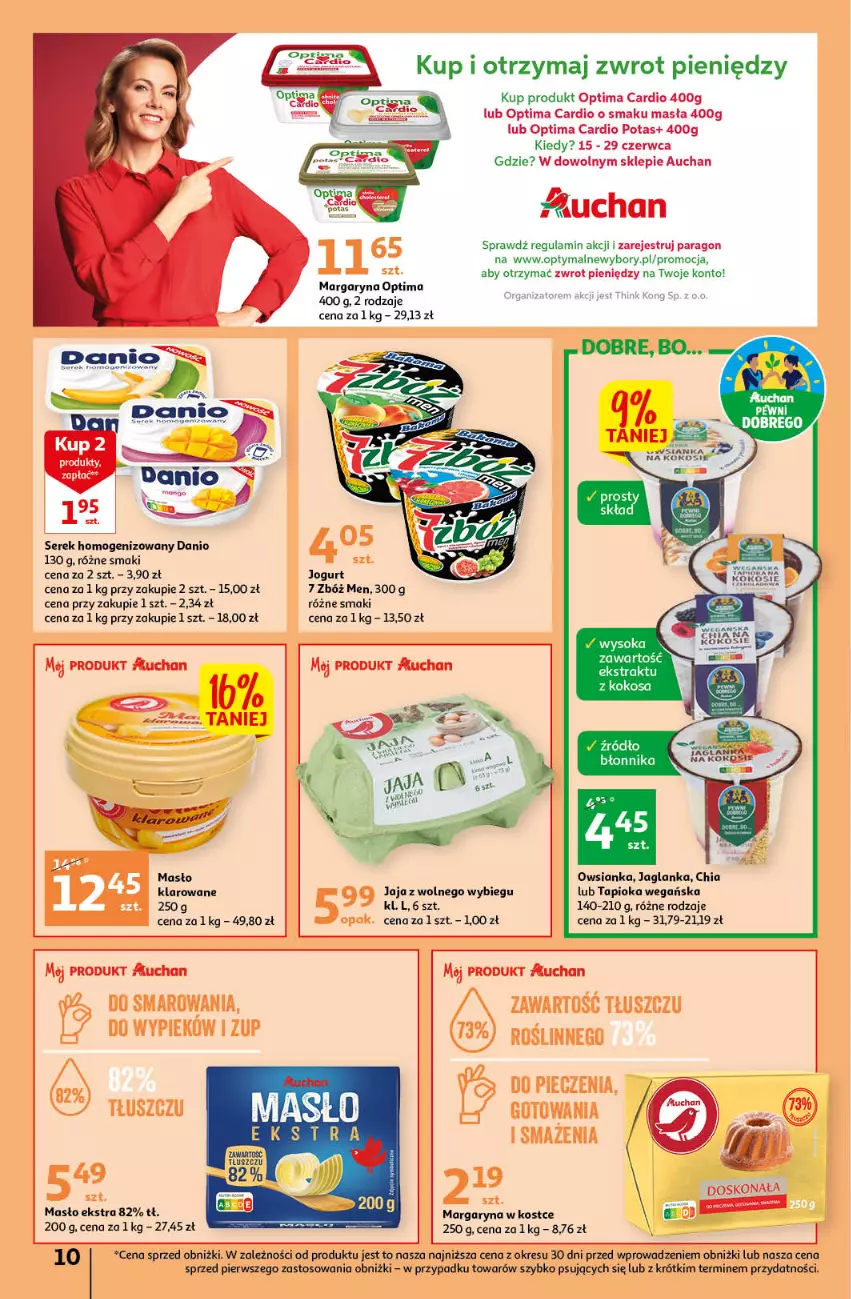 Gazetka promocyjna Auchan - Gazetka Sezon na orzeźwienie Hipermarket Auchan - ważna 15.06 do 21.06.2023 - strona 10 - produkty: Chia, Danio, Jaglanka, Jaja, Jaja z wolnego wybiegu, Jogurt, Kokos, Margaryna, Masło, Masło klarowane, O nas, Optima, Optima Cardio, Owsianka, Piec, Ser, Serek, Serek homogenizowany