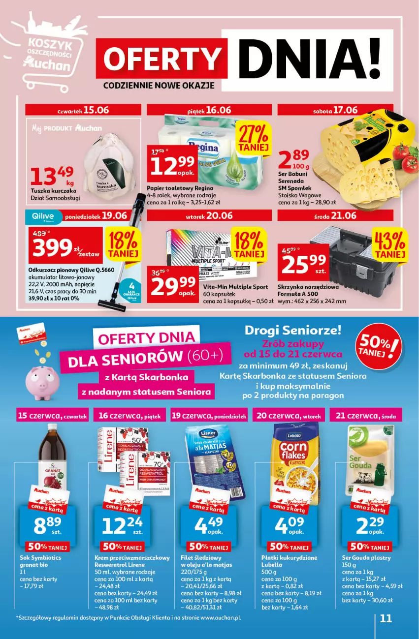 Gazetka promocyjna Auchan - Gazetka Sezon na orzeźwienie Hipermarket Auchan - ważna 15.06 do 21.06.2023 - strona 11 - produkty: Akumulator, Gin, Gra, Granat, Kurczak, Odkurzacz, Papier, Papier toaletowy, Por, Ser, Skrzynka narzędziowa, Sport, Tusz, Vita-Min