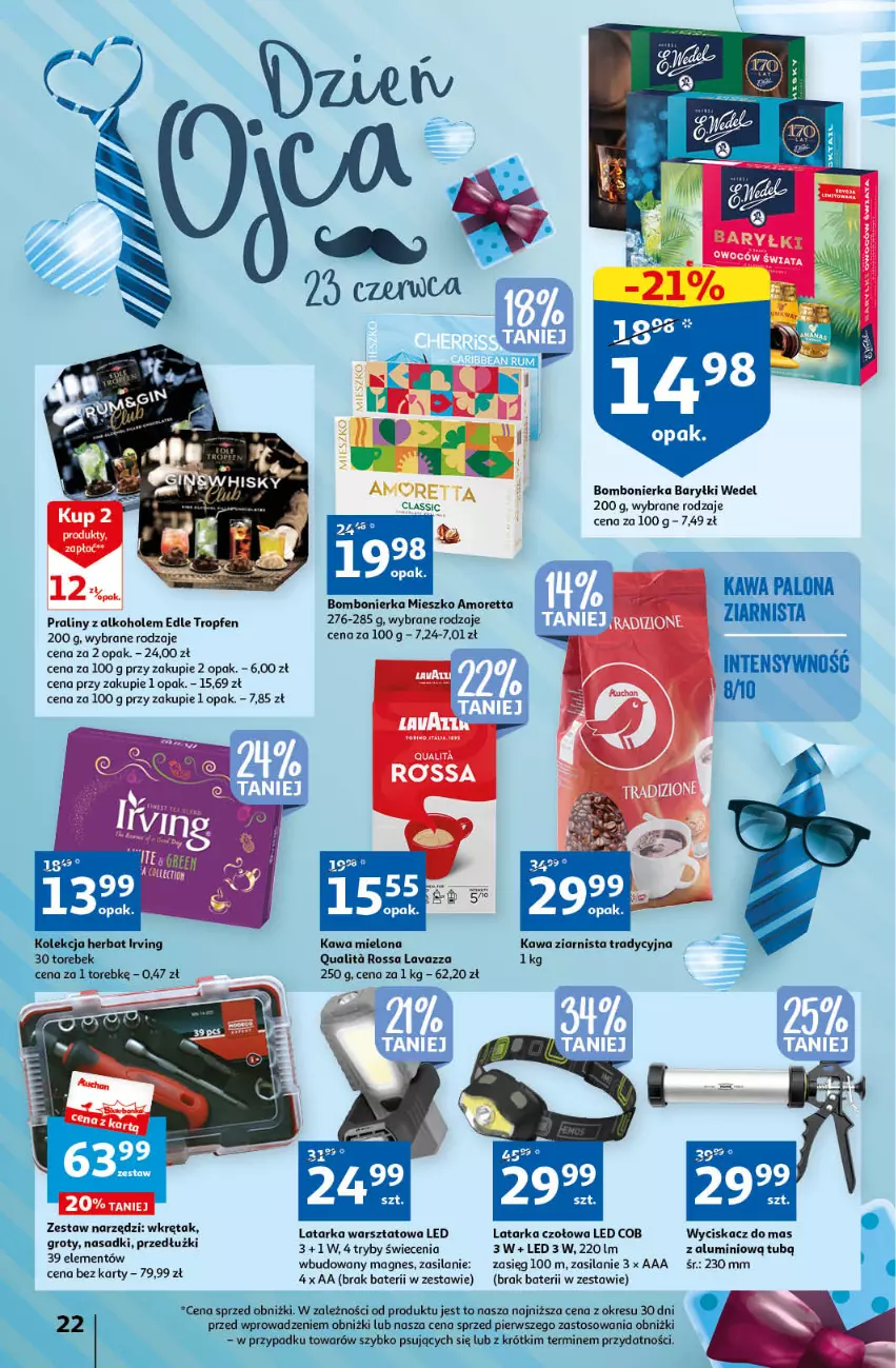 Gazetka promocyjna Auchan - Gazetka Sezon na orzeźwienie Hipermarket Auchan - ważna 15.06 do 21.06.2023 - strona 22 - produkty: Alkohole, Baryłki, Kawa, Kawa mielona, Latarka, Latarka czołowa, Lavazza, Praliny, Silan, Tarka, Wkręt, Zestaw narzędzi