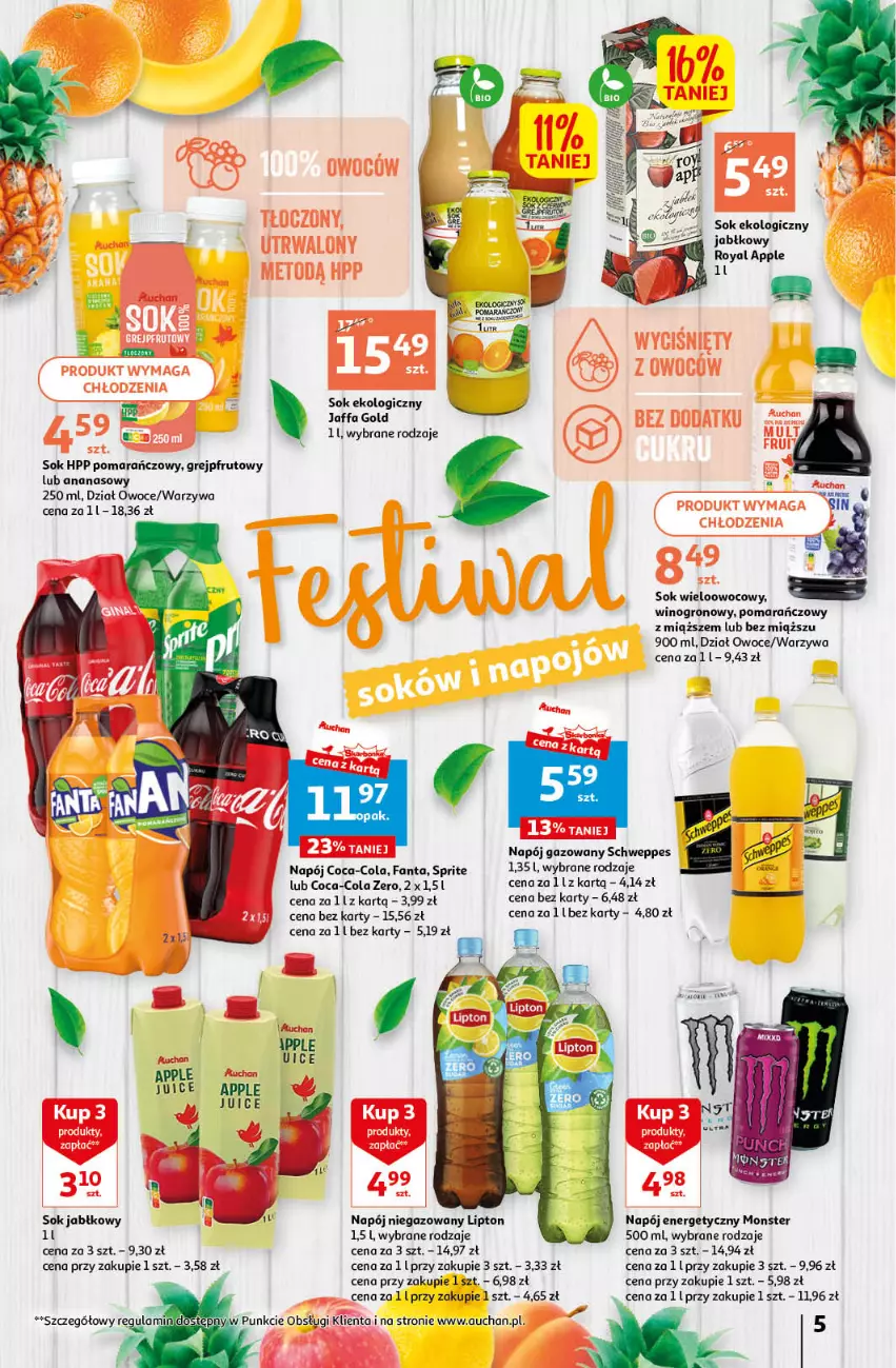 Gazetka promocyjna Auchan - Gazetka Sezon na orzeźwienie Hipermarket Auchan - ważna 15.06 do 21.06.2023 - strona 5 - produkty: Ananas, Coca-Cola, Fa, Fanta, Gin, Grejpfrut, HP, Lipton, Napój, Napój energetyczny, Napój gazowany, Napój niegazowany, Owoce, Schweppes, Sok, Sok jabłkowy, Sprite, Warzywa, Wino