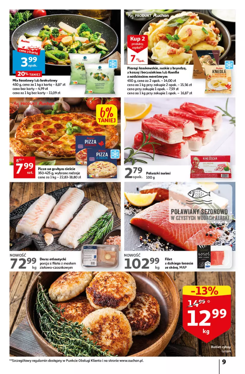 Gazetka promocyjna Auchan - Gazetka Sezon na orzeźwienie Hipermarket Auchan - ważna 15.06 do 21.06.2023 - strona 9 - produkty: Boczniak, Dorsz, Fa, Knedle, Kotlet, Pierogi, Pizza, Por, Sól, Sos, Surimi, Woda