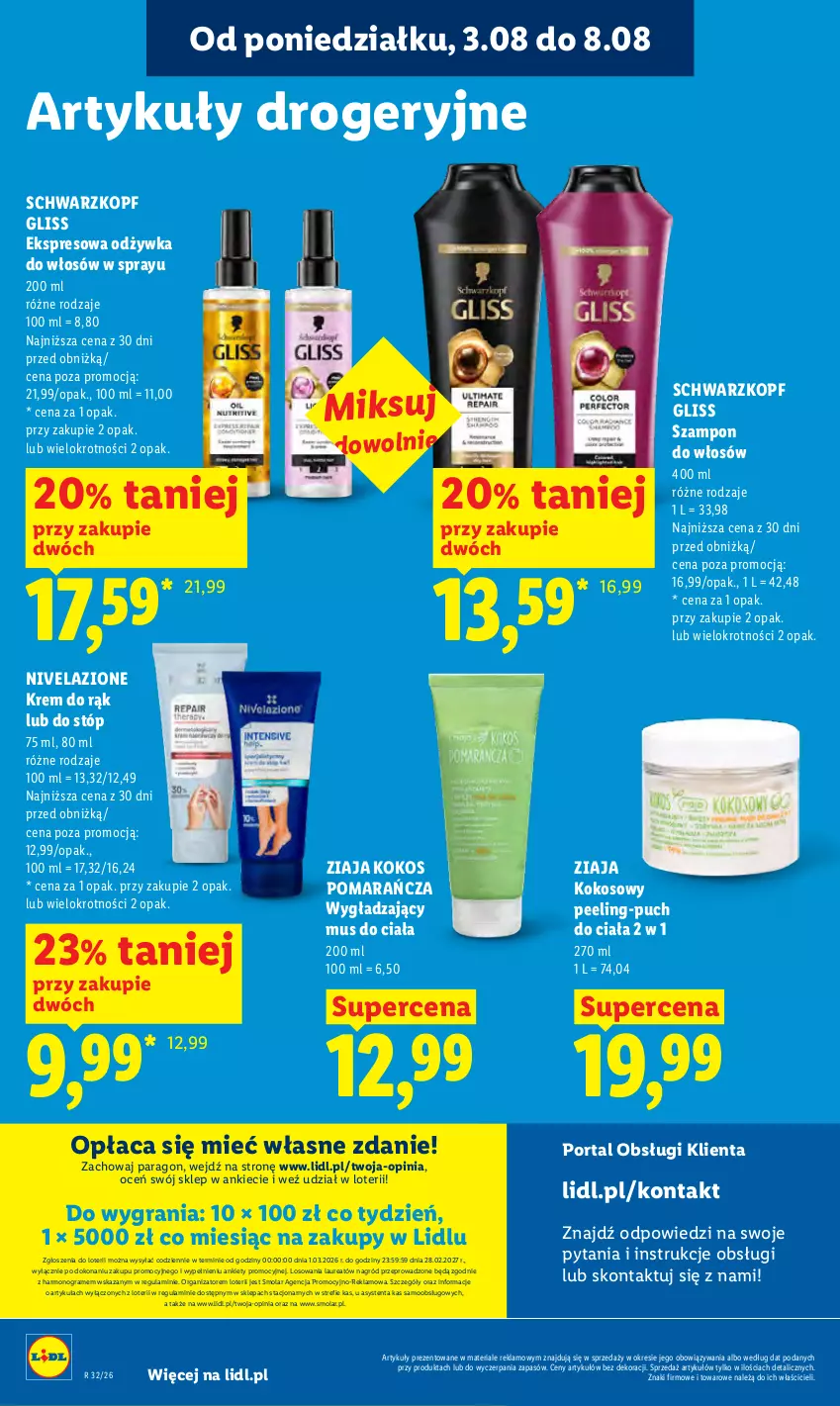 Gazetka promocyjna Lidl - Gazetka ważna od 3.08 do 5.08 - ważna 03.08 do 05.08.2026 - strona 88 - produkty: Gra, Kokos, Krem do rąk, Laur, Mola, Mus, Nivelazione, Odżywka, Peeling, Por, Portal, Schwarzkopf, Szampon, Ziaja