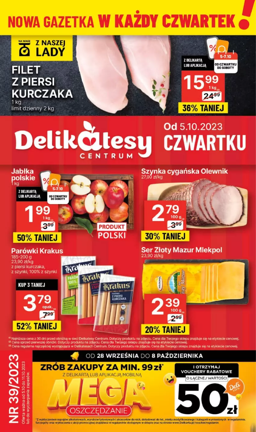 Gazetka promocyjna Delikatesy Centrum - Gazetka DC39 czw-sr - ważna 05.10 do 11.10.2023 - strona 1 - produkty: Jabłka, Krakus, Kurczak, Mobil, Parówki, Rum, Ser, Szynka, Złoty Mazur