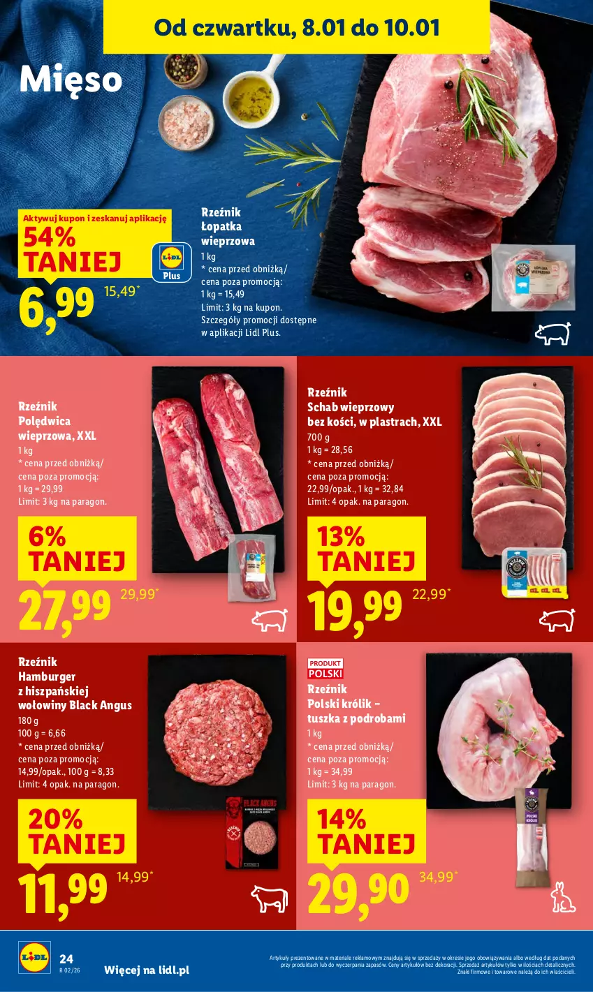 Gazetka promocyjna Lidl - GAZETKA - ważna 08.01 do 10.01.2026 - strona 24 - produkty: Burger, Hamburger, Królik, Lack, Mięso, Polędwica, Schab wieprzowy, Tusz