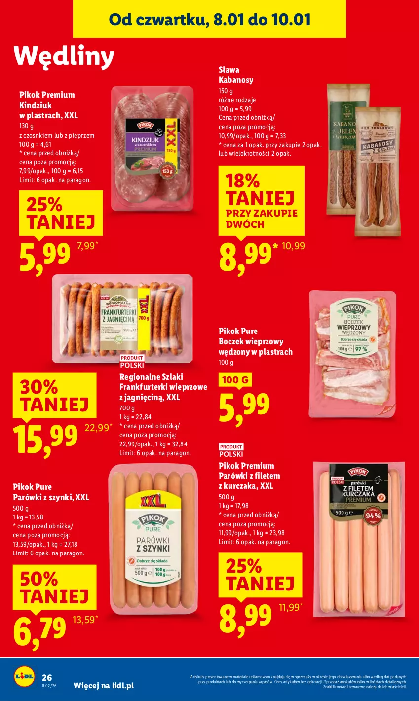 Gazetka promocyjna Lidl - GAZETKA - ważna 08.01 do 10.01.2026 - strona 26 - produkty: Boczek, Boczek wieprzowy, Frankfurterki, Kabanos, Kindziuk, Kurczak, Parówki, Parówki z szynki, Pieprz, PIKOK, Pur