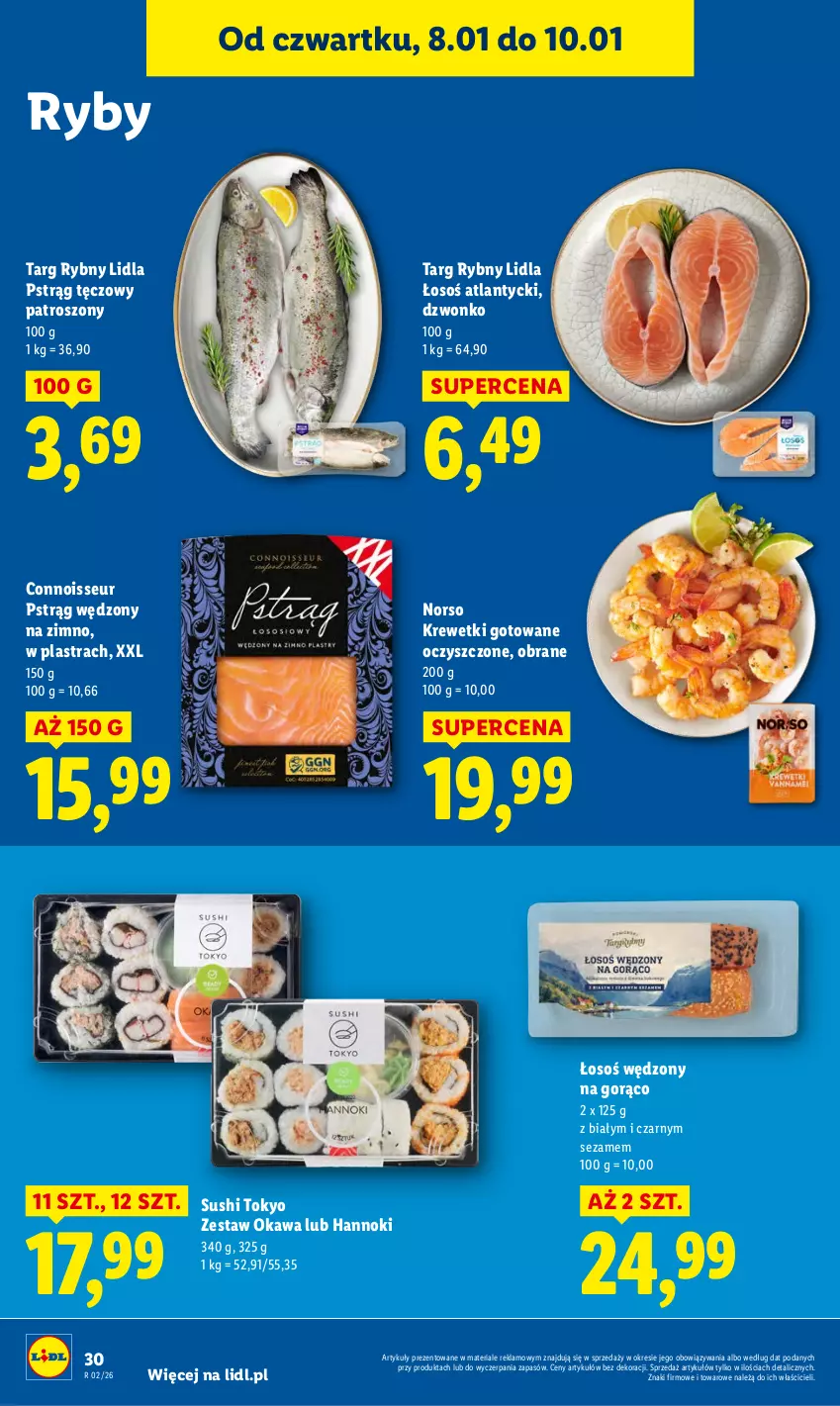 Gazetka promocyjna Lidl - GAZETKA - ważna 08.01 do 10.01.2026 - strona 30 - produkty: Kawa, Krewetki, Pstrąg, Pstrąg tęczowy, Pstrąg wędzony, Sezam, Sushi