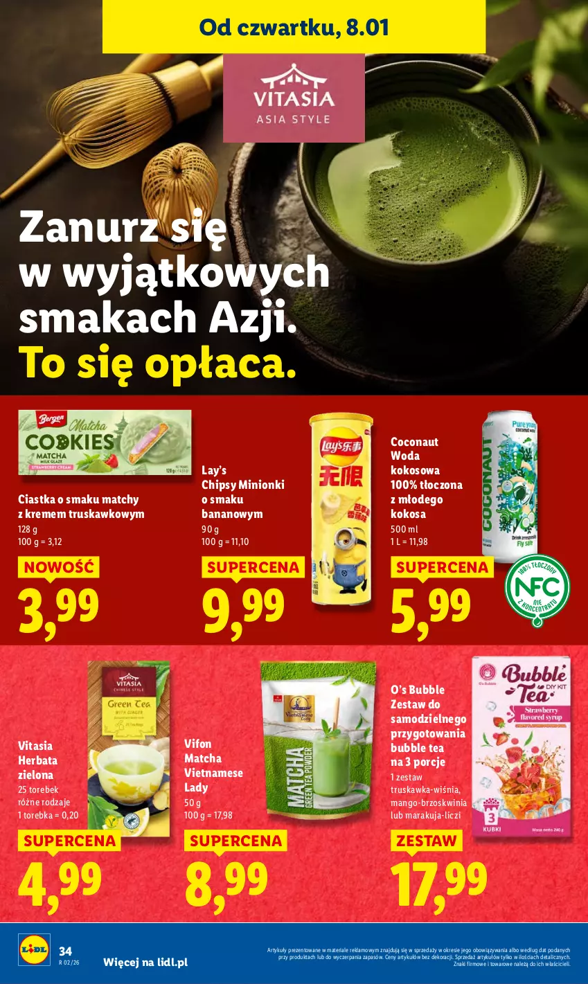 Gazetka promocyjna Lidl - GAZETKA - ważna 08.01 do 10.01.2026 - strona 34 - produkty: Chipsy, Ciastka, Herbata, Kokos, Lay’s, Liczi, Mango, Por, Torebka, Woda