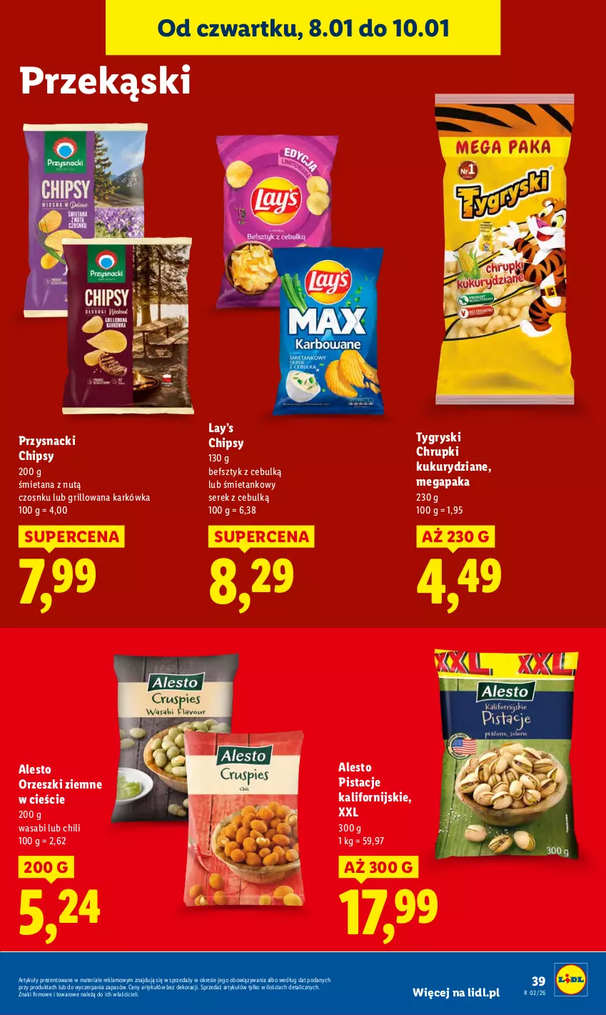 Gazetka promocyjna Lidl - GAZETKA - ważna 08.01 do 10.01.2026 - strona 39 - produkty: Chipsy, Chrupki, Grill, Gry, Lay’s, Orzeszki, Orzeszki ziemne, Pistacje, Przysnacki, Ser, Serek, Wasa
